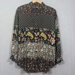 Vtg Caliche Womens Patchwork Button Tunic Top Medium Floral Polka Dot Statement